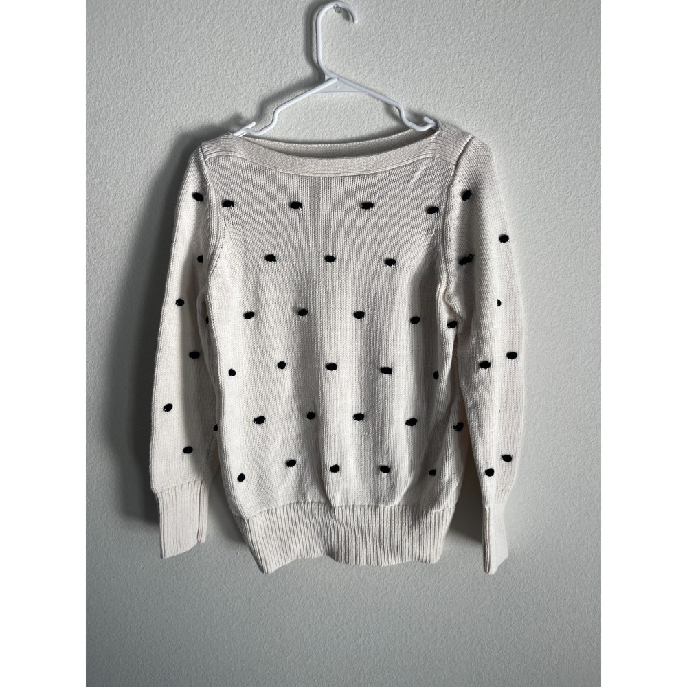 LOFT Sweater Womens Medium Beige Polka Dot‎ Pom Pom Knit Ribbed Boat Neck Winter